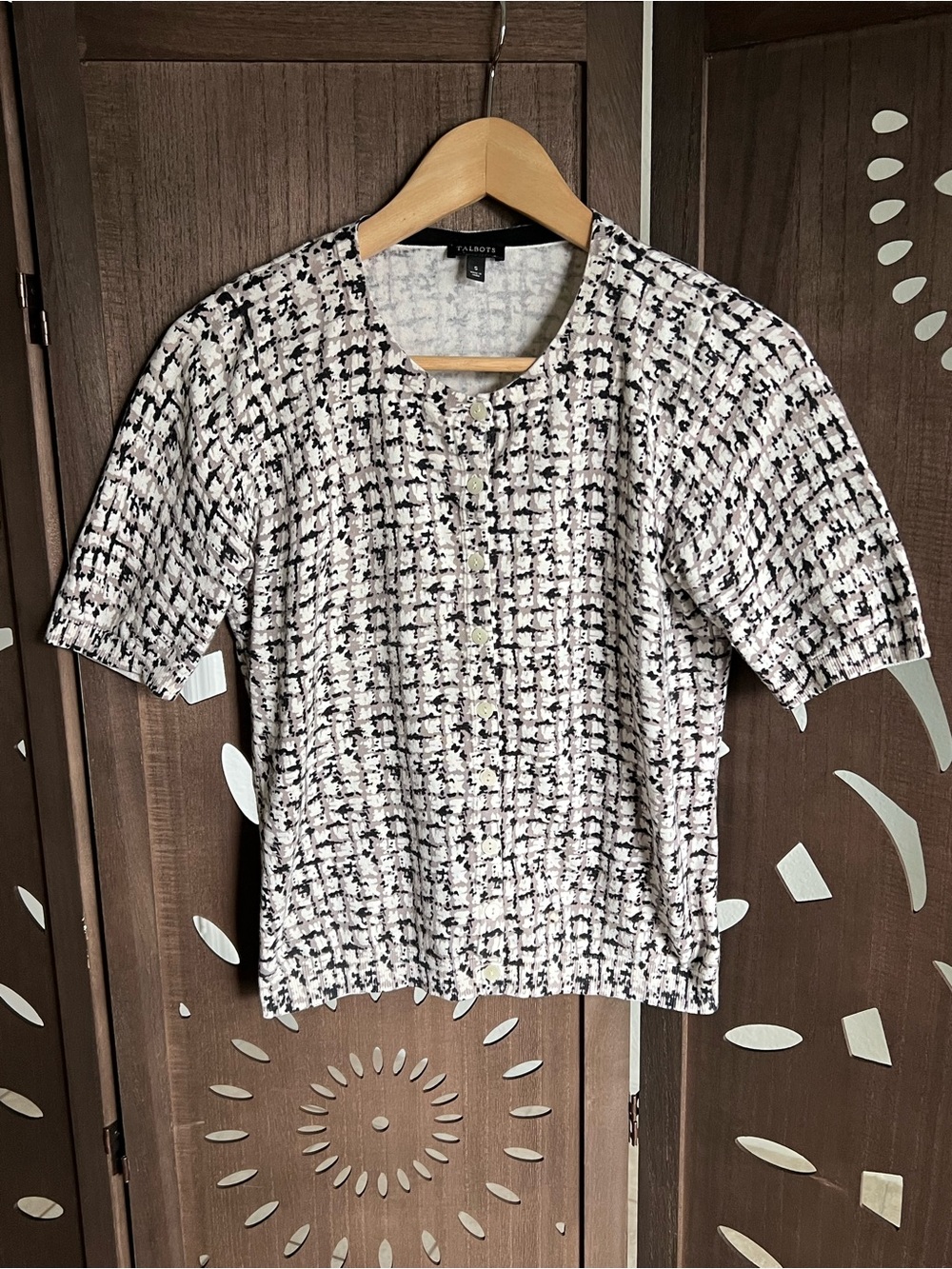 Talbots Black and White Short-Sleeve Textured Cardigan